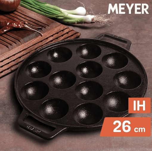 Meyer Pre Seasoned Cast Iron 12 Cavity Appam Patra | Paniyaram Pan Cast Iron | Appam Pan | Pan Cake | Paddu Maker | Appam Maker | Ponganal Maker | Appe Pan | Litti Maker with 2 Side Handle, 20cm - Image 2